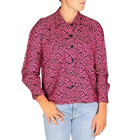 VALENTINO BOUTIQUE VINTAGE 80S PINK ACID CHEETAH BUTTON DOWN COLLARED SKIRT - Picture 1 of 13